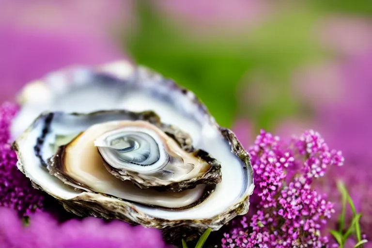 Image similar to a romantic dlsr photoportrait of an oyster in the field of flowers. pastel colors, blurred background. sharp focus on the oyster, 5 0 mm lens, professional light