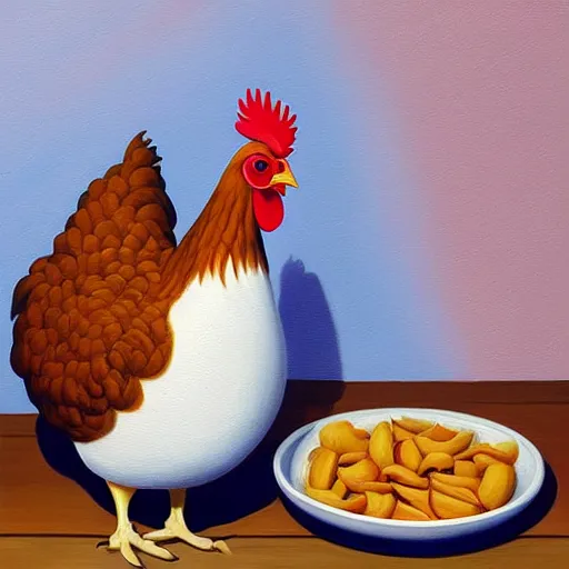 Prompt: a painting of a chicken, an ultrafine detailed painting by rafal olbinski, behance contest winner, pop surrealism, detailed painting, very detailed, minimalist, skeuomorphic, airbrush art