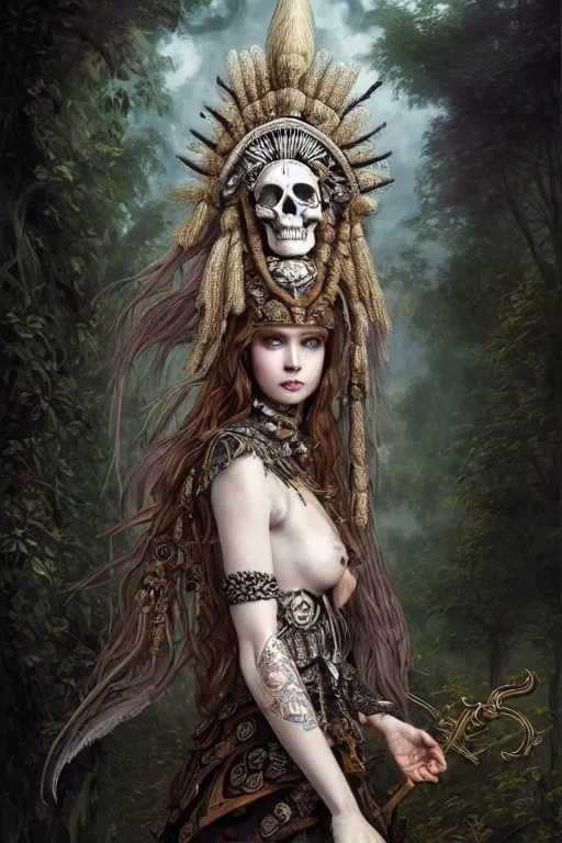 Prompt: A masterpiece ultrarealistic portrait of a Irristible angel princess tribal-shaman-knight-witch-ghost with Skull Iron mask. baroque renaissance girl in the night forest. medium shot, intricate, elegant, highly detailed. trending on artstation, digital art, by Stanley Artgerm Lau, WLOP, Rossdraws, James Jean, Andrei Riabovitchev, Marc Simonetti, Yoshitaka Amano. background by James Jean and Gustav Klimt, light by Julie Bell, 4k, porcelain skin.