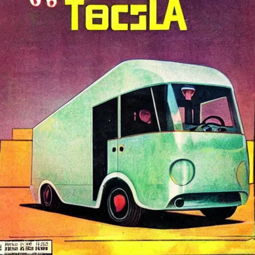 Image similar to tesla cyber truck, 1 9 6 0 s magazine art