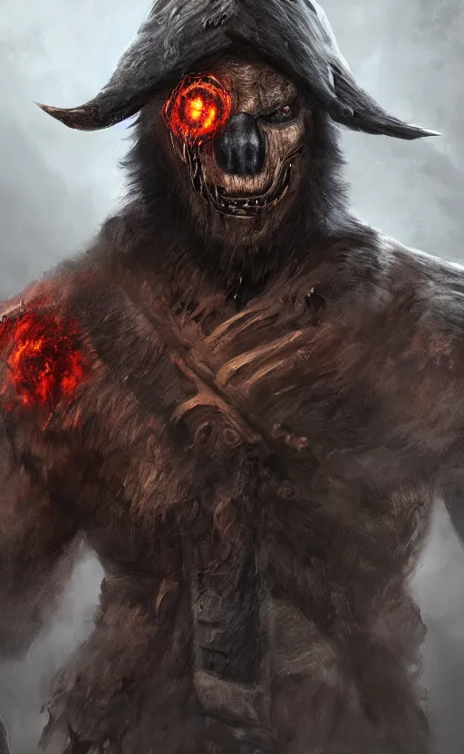 Prompt: Portrait of a bear beast-man wearing a turban with fire in his eyes wear, bloodborne concept art, trending on Artstation, photorealistic image, 8k.