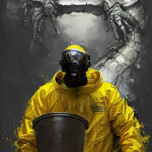 Image similar to a painting of a man in a yellow bio hazard suit holding a bucket and looking at godzilla sized spider, poster art by jakub rozalski, trending on artstation, nuclear art, apocalypse art, dystopian art, poster art