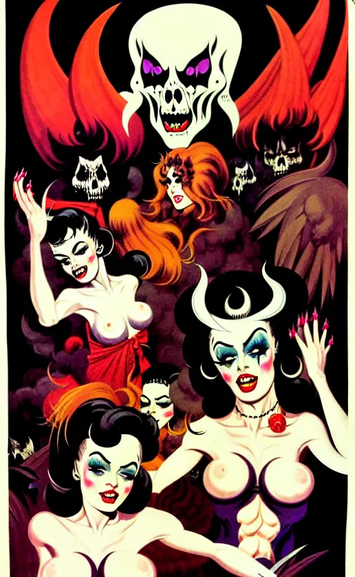 Prompt: witches sabbath, detailed faces, psychobilly, rockabilly, punk, white background, vector art, illustration by frank frazetta