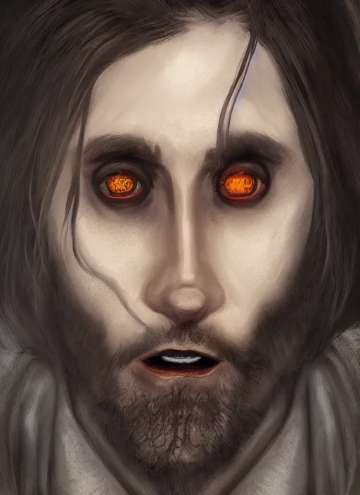 Image similar to A fantasy comic book style portrait painting of Jared Leto as a vampire race in a atmospheric dark fortress, unreal 5, DAZ, hyperrealistic, octane render, RPG portrait, ambient light, dynamic lighting