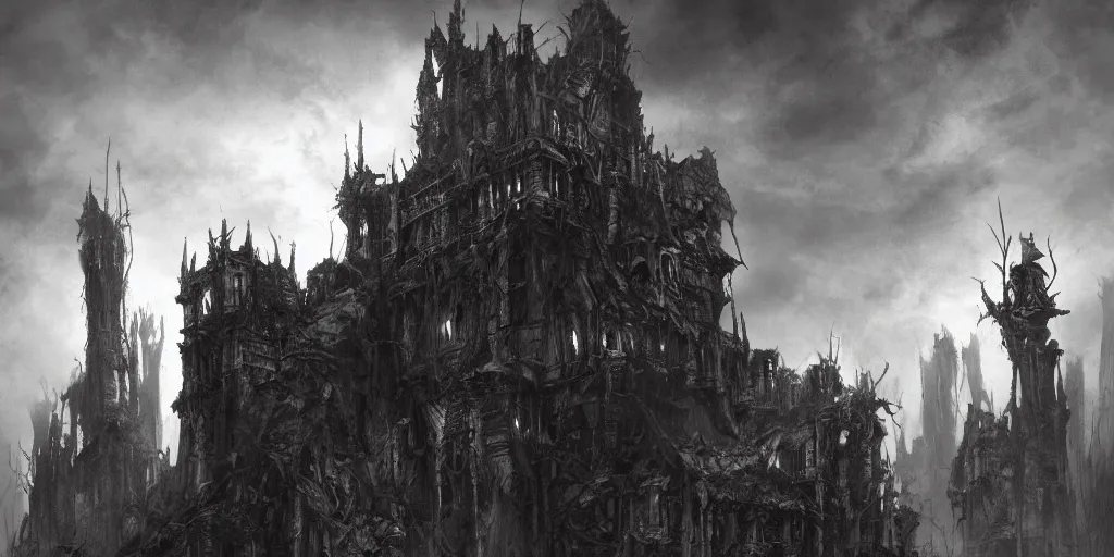 Prompt: grimdark chaos fortress, ruined, terrifying architecture, looming, dark, fog, dark souls, hyperrealistic, artstation