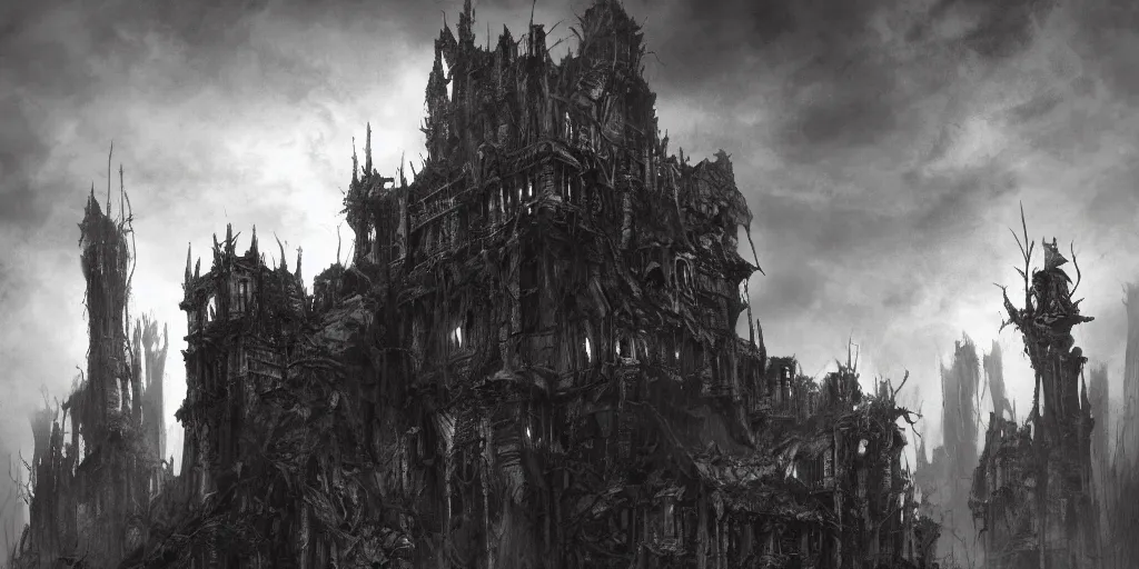 Image similar to grimdark chaos fortress, ruined, terrifying architecture, looming, dark, fog, dark souls, hyperrealistic, artstation