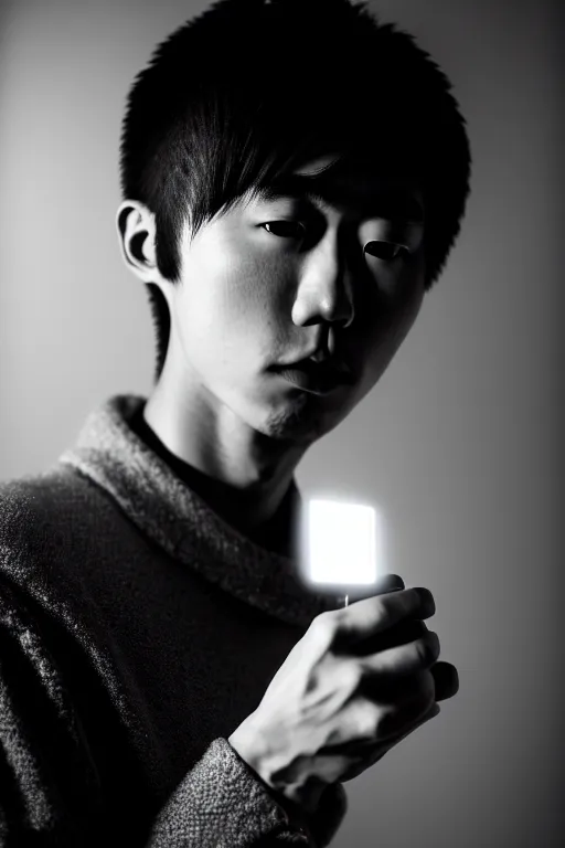 Prompt: photography masterpiece by haruto hoshi and yang seung woo, flash photography portrait of young japanese man smoking, shot on a canon 5 d mark iii with a 3 5 mm lens aperture f / 5. 6, full frame, full res, film grain, dynamic composition, high camera angle, hyper realistic