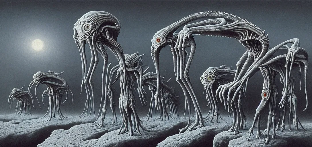 Image similar to hellish alien creatures on an alien world, artstyle Zdzisław Beksiński, very intricate details, high resolution, 4k