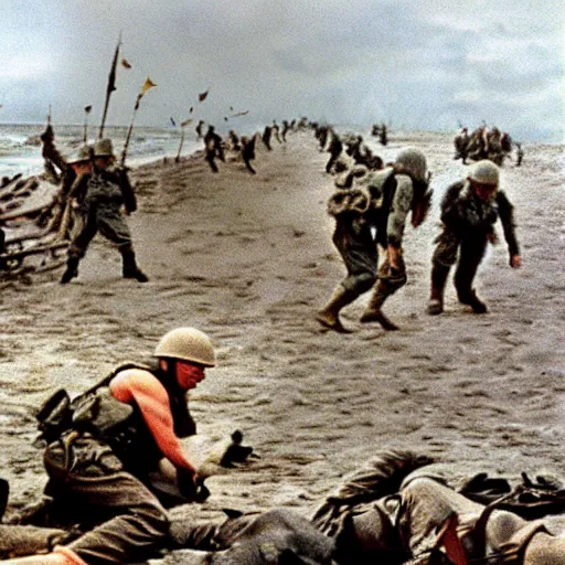 Prompt: ww 2 realistic photo in color beach landing, battle on the beach, blood