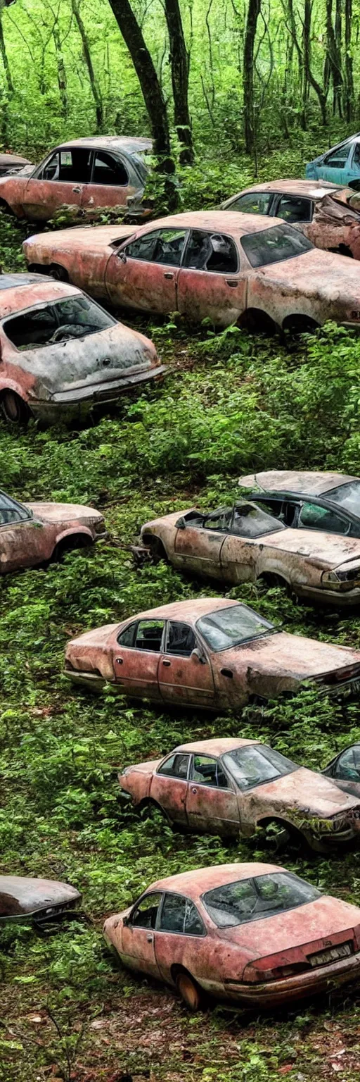 Image similar to a hi 8 footage still of a forest full of abandoned european sedans, coupes and vans with rust damage, broken parts and vegetation.