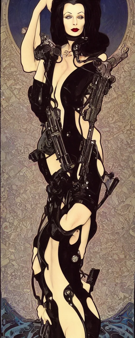 Prompt: beautiful enticing cyberpunk art nouveau style portrait of morticia adams as a chic street soldier by chris achilleos, moebius, olivia de bernardinis and alphonse mucha, photorealism, extremely hyperdetailed, perfect symmetrical facial features, perfect anatomy, ornate declotage, latex, weapon, high technical detail, confident expression, wry smile