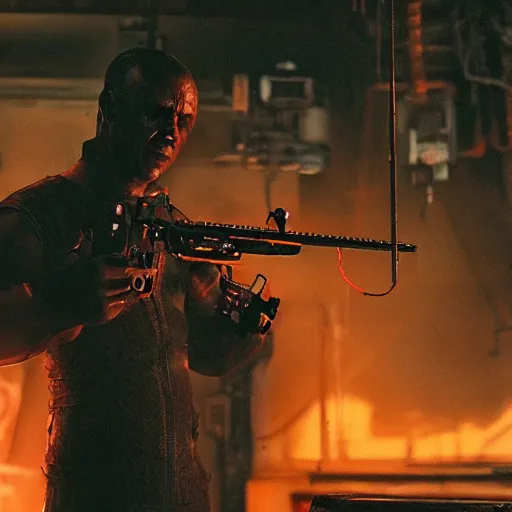 Image similar to gun made from old egg beater, balding older cyborg repairing, red hot soldering iron, dark messy smoke - filled cluttered workshop, dark, dramatic lighting, orange tint, cinematic, highly detailed, sci - fi, futuristic, movie still from blade runner