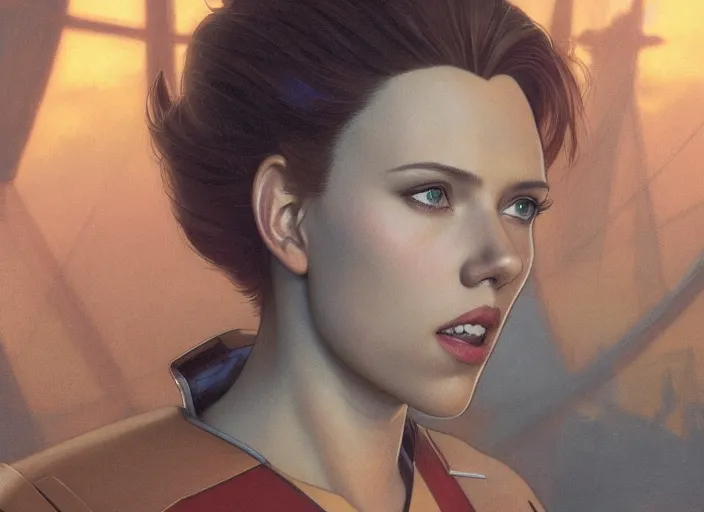 Image similar to a disney film still of scarlett johansson as a star trek officer, finely detailed features, closeup of the face, perfect art, dusk, blue hour, gapmoe yandere grimdark, trending on pixiv fanbox, painted by greg rutkowski, makoto shinkai, takashi takeuchi, alphonse mucha, akihiko yoshida