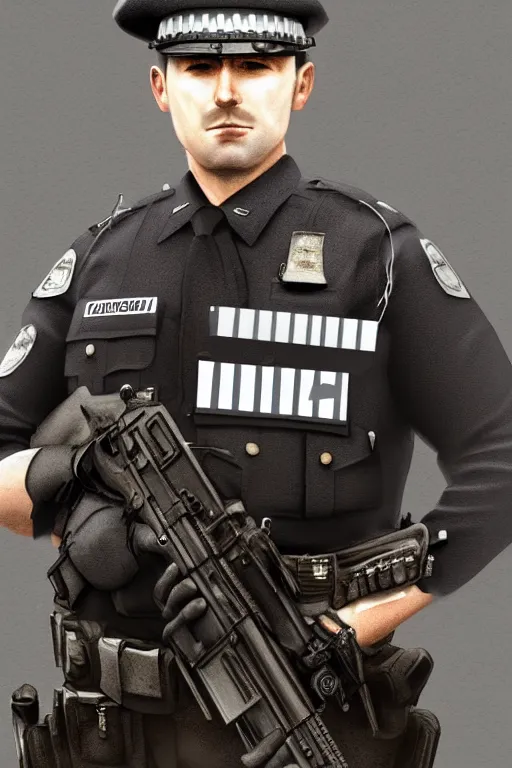 Prompt: london police officer heroically posing, highly detailed, digital art, sharp focus, trending on art station