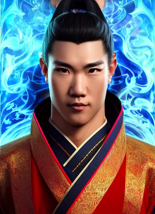 Image similar to male martial artist with a high ponytail!!! asian facial features and blue eyes!! intricate ornate blue robes!! character concept art, sharp focus, octane render! unreal engine 5! highly rendered!! trending on artstation!! detailed linework!! illustration by artgerm, wlop, and chie yoshii