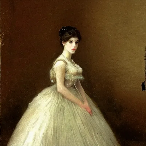 Image similar to young victorian lady in ball gown, a little card and pencil in hand, painted by alfred stevens