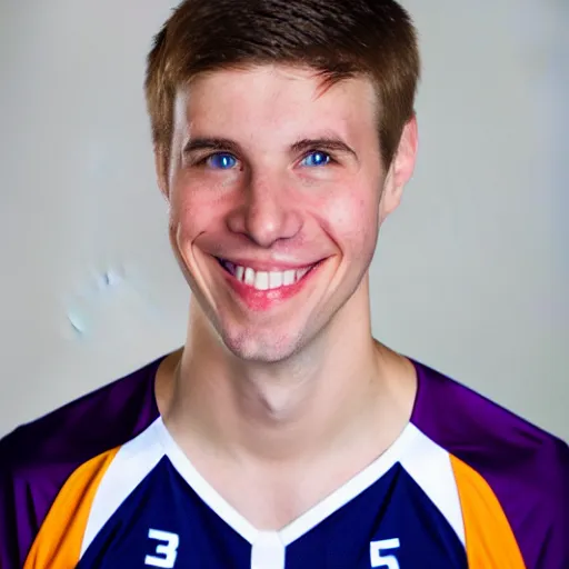 Image similar to photographic portrait of a young white male smiling with short brown hair that sticks up in the front, blue eyes, groomed eyebrows, tapered hairline, sharp jawline, wearing a purple white volleyball jersey, sigma 85mm f/1.4, 15mm, 35mm, 4k, high resolution, 4k, 8k, hd, full color