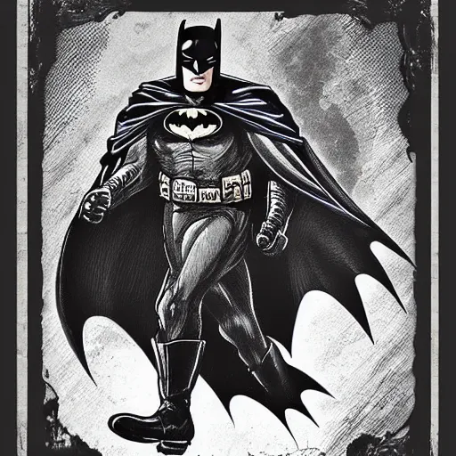 Image similar to a old timey picture of batman, hd, old timey, intricate detail, old, vintage