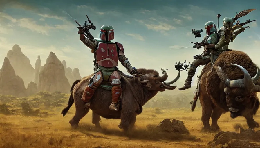 Image similar to boba fett riding a buffalo through madagascar with baobabs trees, animals chasing, action scene, an epic fantasy, artgerm and greg rutkowski and alphonse mucha, an epic fantasy, volumetric light, detailed, establishing shot, cinematic, photorealistic, hyper detailed, ultra realistic, trending on art station, octane render, midsommar