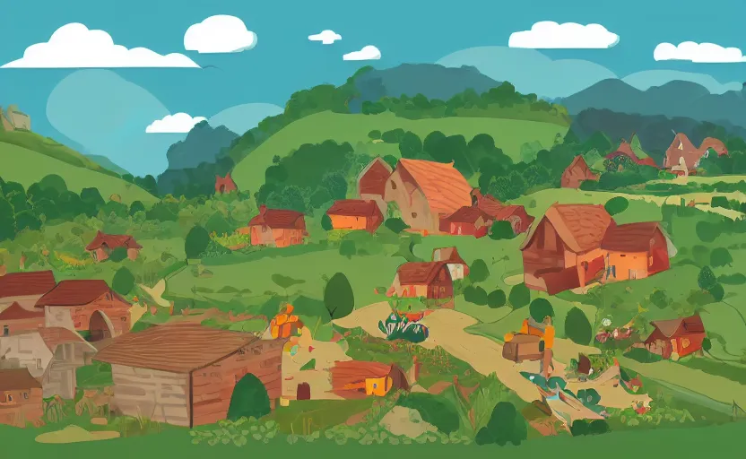 Image similar to some villagers busy farming in a small village in a valley, a dragon approaching from a distance, vector, storybook, muted colors, gouache, flat poster, sharp edges, print