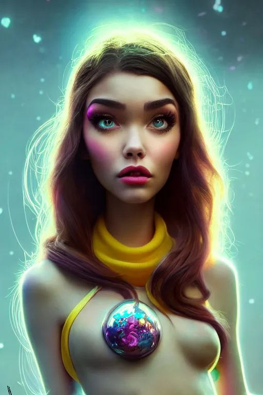 Image similar to pixar woman madison beer rave girl | soft creamy polished decadent vixen floral ornate masterpiece | weta disney movie still portrait photo | sci fi, fantasy, film, 8 k, highly detailed, artstation, realism | beeple, artgerm, mucha, wlop, loish |