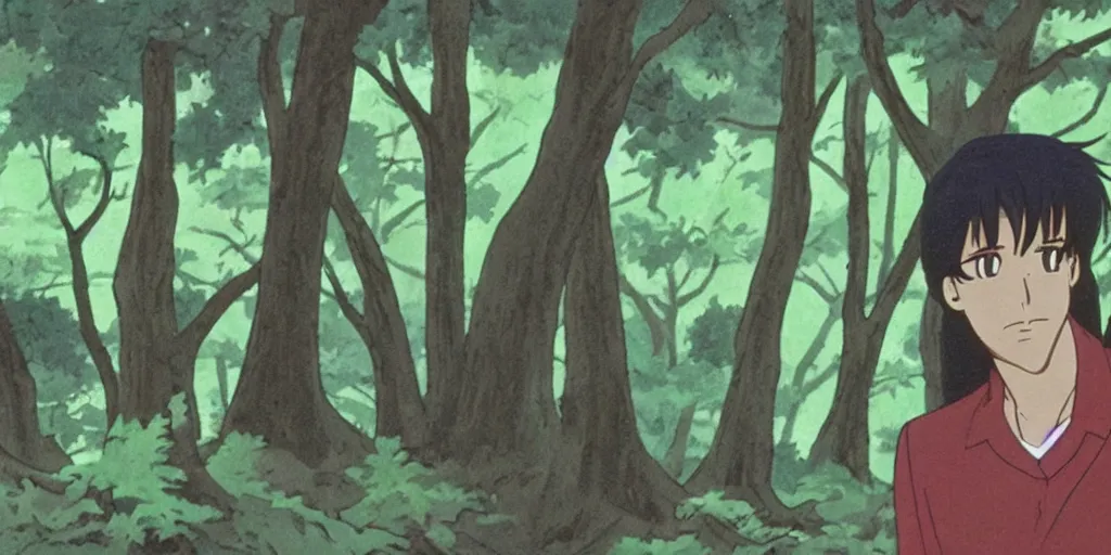 Prompt: a still of a 90s OVA of a man with black hair in a forest