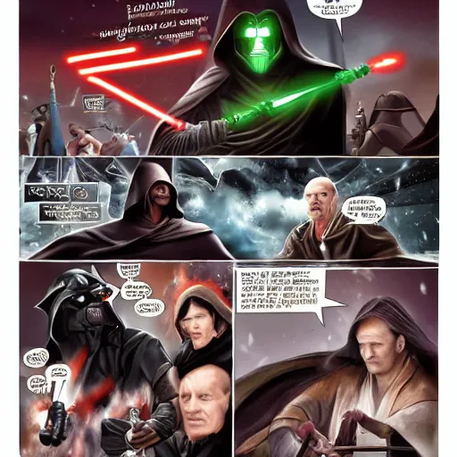 Prompt: epic eternal battle between the Sith Lord and Jedi knights