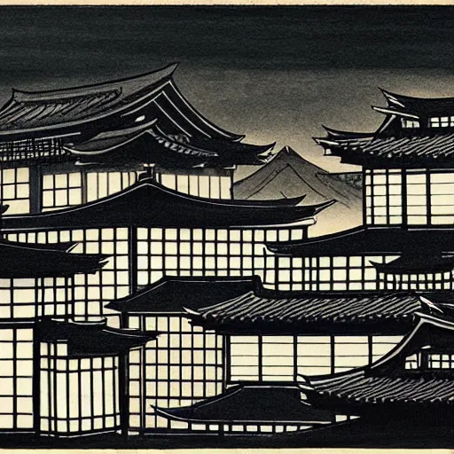 Image similar to a beautiful ink painting of buildings in japanese traditional style, in the style of hiroshi yoshida, at night, light effect, detailed, high - definition, exquisite isolated very detailed, moody lighting, 8 k highly detailed, trending on artstation