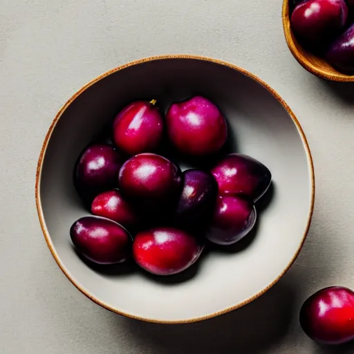 Image similar to photo of a thick porcelain bowl filled with a few moist freshly picked plums on a wooden table. volumetric lighting. 4 k. small scale. realistic. top down.