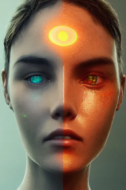 Prompt: realistic human face, machine attachments, integration, natural cyborg, sensors, screens, oled, vibrant, scan, positive, utopia, warm colors, bright, diagnostics, data visualization, high resolution, hdr, octane, digital art