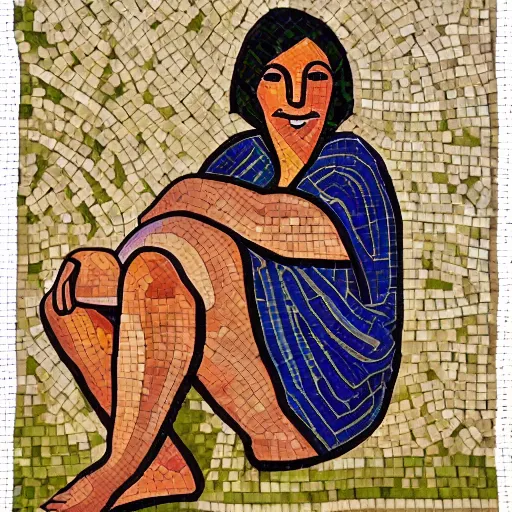 Image similar to A beautiful land art. Her cell is as bare as mine. She is sitting in the middle, hugging her knees, wrapped in a toga-like garment. mosaic, orpist by Stuart Davis, by Ed Mell lavish