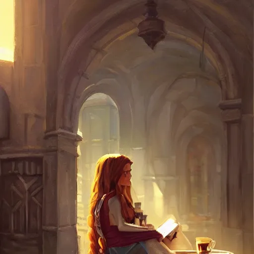Prompt: a huge fantasy courtyard, a young pretty woman with long hair sits with a coffee, golden morning light, dramatic light, happy cozy feelings, oil painting trending on artstation