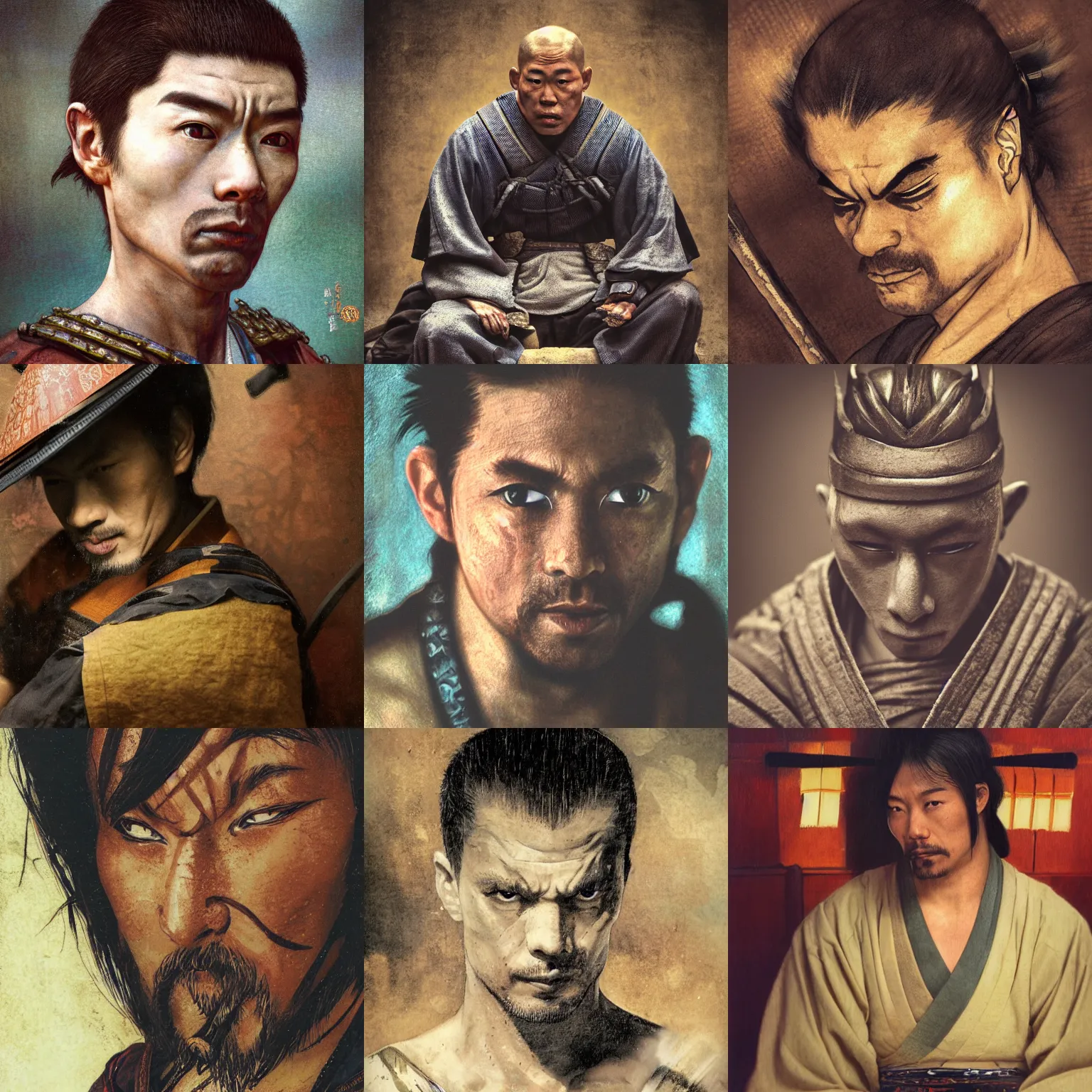 Prompt: The close macro shot portrait of samurai sitting under sacura, no hands, no weapon, medieval japan, strong male, musculine, brutal, dangerous, deadly, dark tone, late evening, pale colors, bokeh effect, by Stanley Artgerm Lau, greg rutkowski, thomas kindkade, alphonse mucha, loish, norman Rockwell