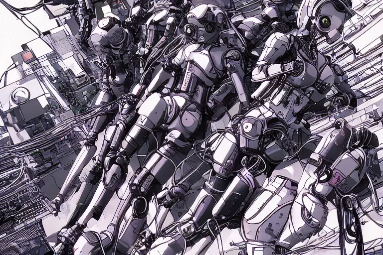 Image similar to a cyberpunk illustration of a group of female androids in style of masamune shirow, lying scattered across an empty, white floor with their bodies rotated in different poses and cables and wires coming out, by yukito kishiro and katsuhiro otomo, hyper-detailed, intricate