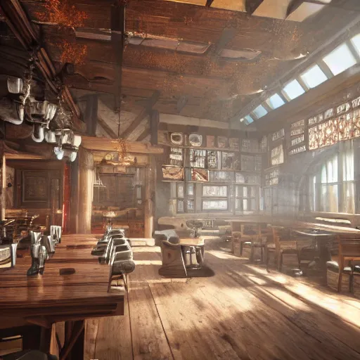 Image similar to ultra mega super hyper realistic Digital concept interior design of tavern in Cyberpunk style mixed with medieval style. Natural white sunlight from the transperient roof . Rendered in VRAY and DaVinci Resolve and MAXWELL and LUMION 3D, Volumetric natural light