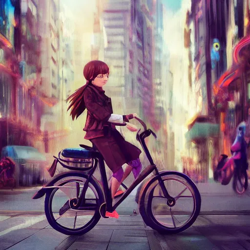 Image similar to girl riding on bike through city, digital art, by ben weiner, richard estes, range murata, akiyuki shinbou, yoshitaka amano, wlop, highly detailed, realistic, cinematic, bold colours, photorealism, 4 k, wide angle lens, trending on artstation, artgerm