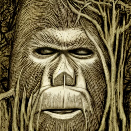 Image similar to portrait of bigfoot in the woods artwork by ben templesmith