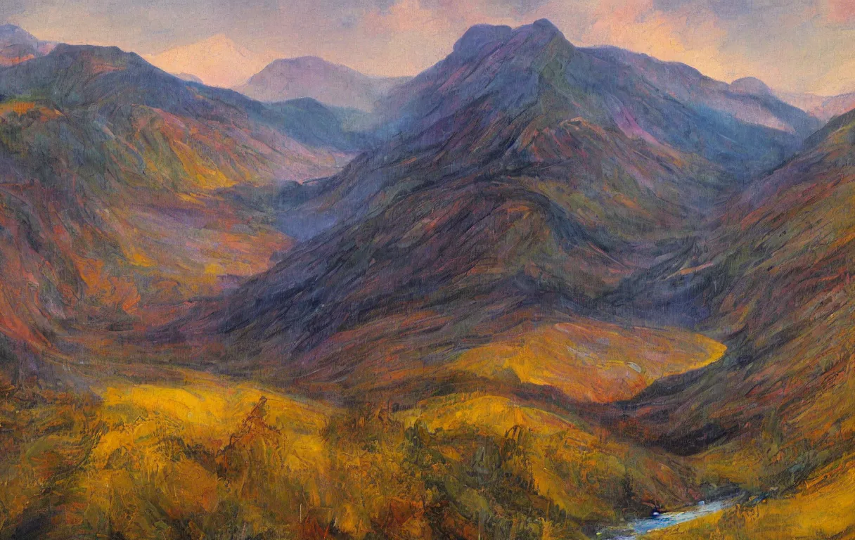 Prompt: Realist colorful impasto painting of the Salmon River mountain valley at midnight by John Harris, 4k scan, oil on canvas, visible brushstrokes