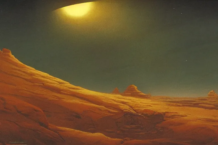 Prompt: a martian landscape, by ralph mac quarrie and francois schuiten and albert bierstadt and james jean, cinematic lighting, moody atmosphere, golden ratio, perfect composition, elegant and delicate, concept art, high quality