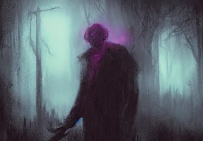 Image similar to painting of the figure of a man in a haunting scenery during the 1 9 8 0's, stephen king inspired, the it, high contrast, concept art, fully colored, purple filter, neon, dramatic lighting, digital art, 8 k, arkham city, call of cthulhu, extremely detailed, drawn by ruan jia