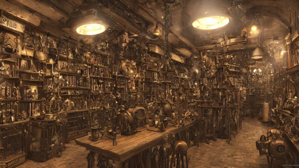 Prompt: A steampunk store, by Lee Fitzgerald, ultra detailed displays of weapons and clockwork machinations densely packed on shelves, volumetric lighting, 8k, unreal engine, trending on artstation