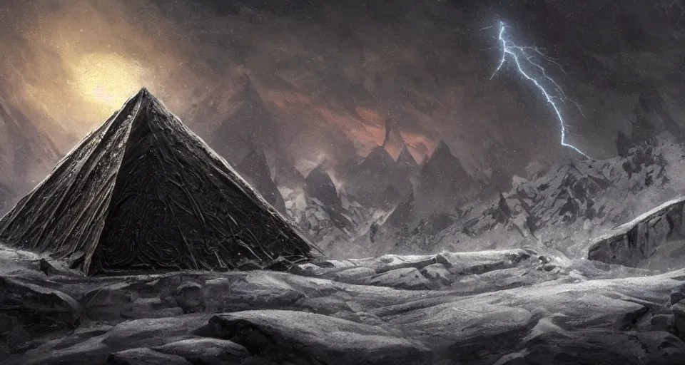 Image similar to black lovecraftian eldritch!! obsidian pyramid!! on a snowy mountain, being found by explorers, snowy, windy, by eugene von guerard, ivan shishkin, night, red lightning!!, storm!, dramatic lighting, concept art, trending on artstation, 8 k