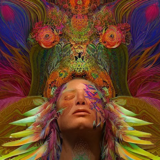 Image similar to A reality bending psychedelic ayahuasca experience, colorful, distorted, surreal, tropical bird feathers, dramatic lighting on the face, intricate, elegant, highly detailed, digital painting, concept art, smooth, sharp focus, illustration, art by Krenz Cushart and Wayne Barlowe and alphonse mucha