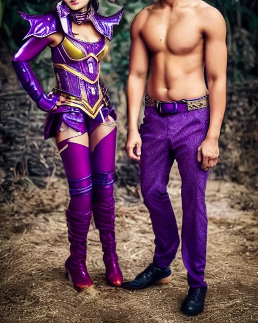 Prompt: photoshoot of a beautiful indonesian woman and handsome incredibly muscular indonesian man, both have short hair and elf ears and both wear a purple futuristic armored superhero costume, photorealistic