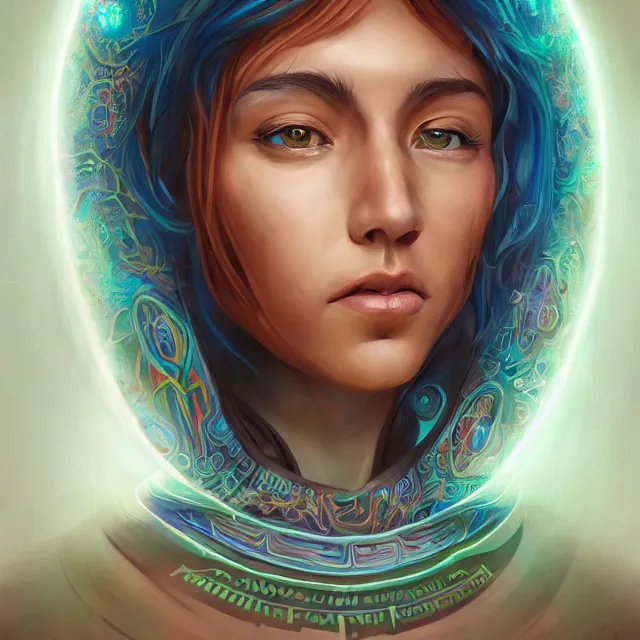 Image similar to one centered portrait of a future metaverse ayahuasca tech shaman warrior, 2 d cartoon, visionary art, symmetric, magick symbols, holy halo, shipibo patterns, sci - fi, concept art, trending on art station, 8 k digital art, by mandy jurgens, fantasy portrait art, anime