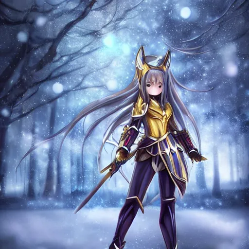 Image similar to portrait focus of beautiful knight 3D anime girl, golden armor wearing, dark forest background, snowing, bokeh, inspired by Masami Kurumada, digital painting, high contrast, unreal engine render, volumetric lighting, high détail