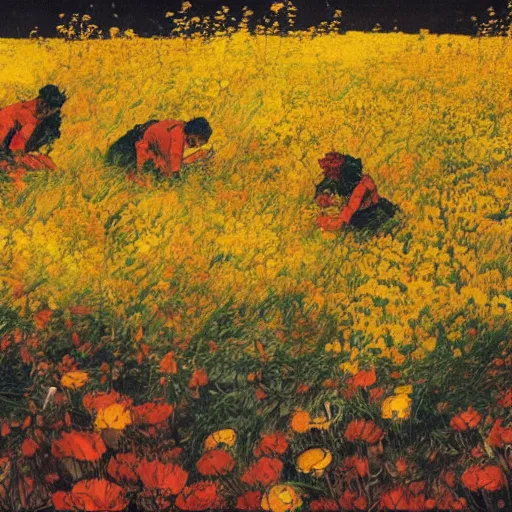 Prompt: 3 people in red desert drowning in a sea of yellow flowers, highly detailed, intricate, surreal, painting by Franz Marc, part by Yoji Shinkawa, part by Norman Rockwell, artstation