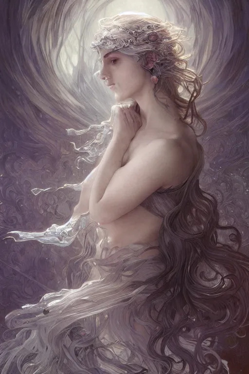 Image similar to goddess of thunderstorm, silver hair, ice eyes, fair skin, lightly dressed, fantasy, intricate, highly detailed, digital painting, artstation, concept art, smooth, sharp focus, art by Artem Demura and Alphonse Mucha, ArtGerm, valentina remenar, ruan jia