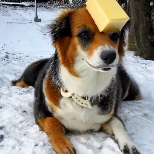 Prompt: dog coated in a thick layer of butter