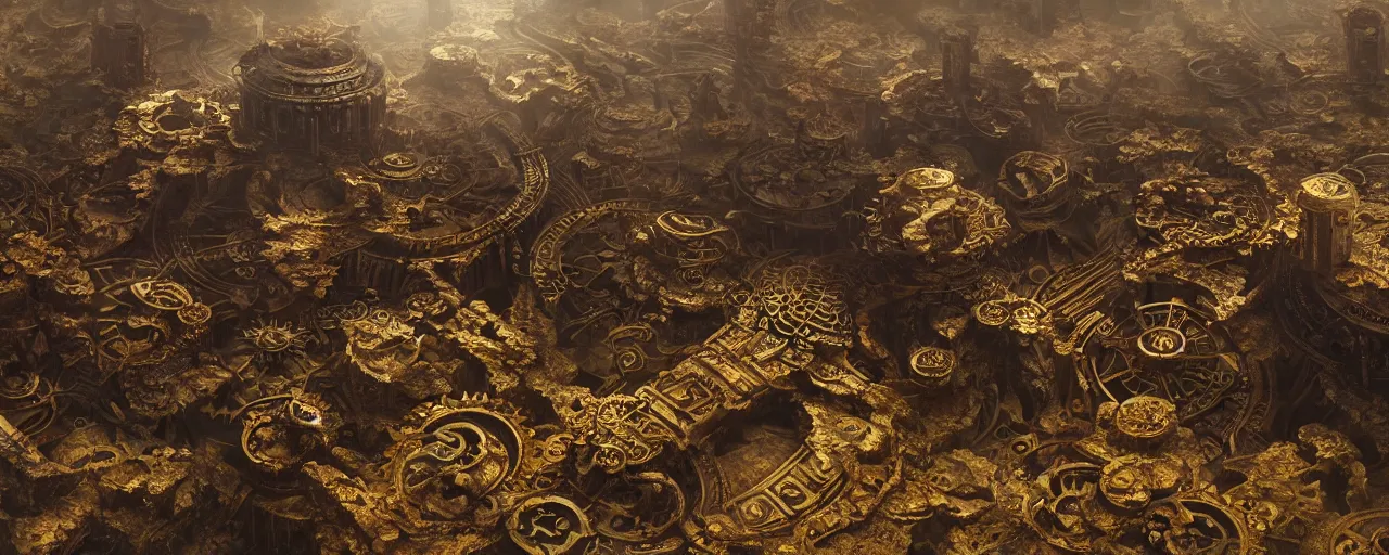 Prompt: otherwordly landscape with ground made of an ornate bronze gear mechanism, [ cinematic, detailed, epic, widescreen, opening, establishing, mattepainting, photorealistic, 4 k, octane render, art by greg rutkowski ]